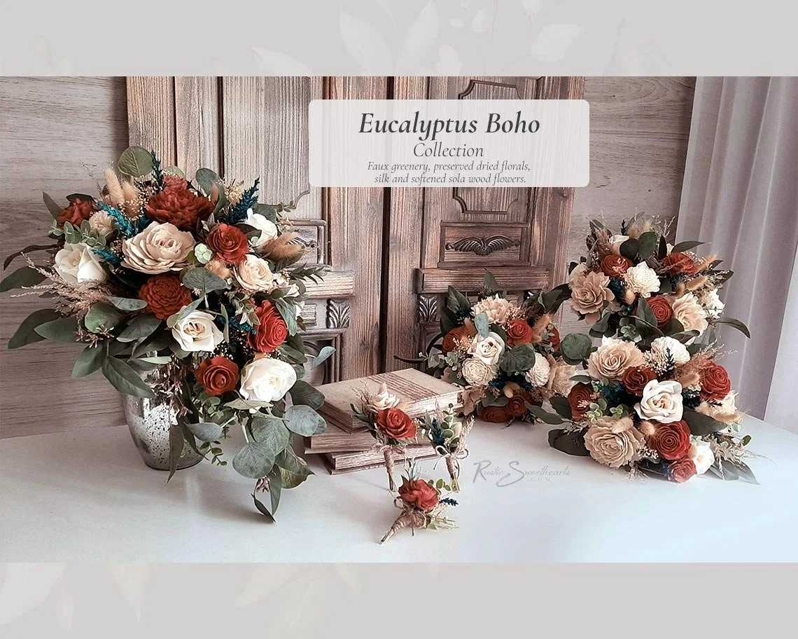 Eucalyptus Boho Wedding Flowers - Champagne Terracotta Silk and Sola Wood Bridal Cascade Bouquet