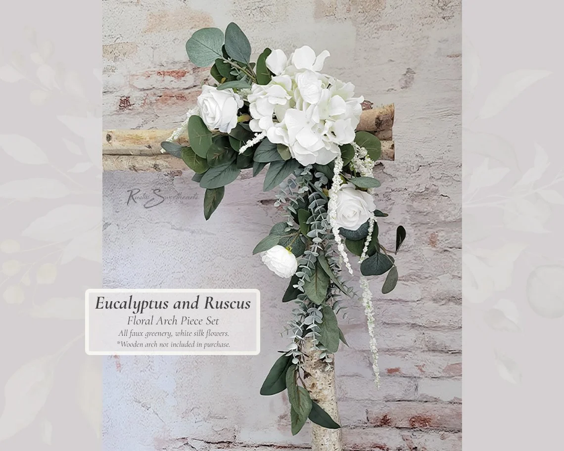 Eucalyptus and Ruscus Wedding Flowers - White Hydrangea and Rose - Arch Arbor Decor Faux Florals Bridal Bridesmaid Bouquet Cascade Groom