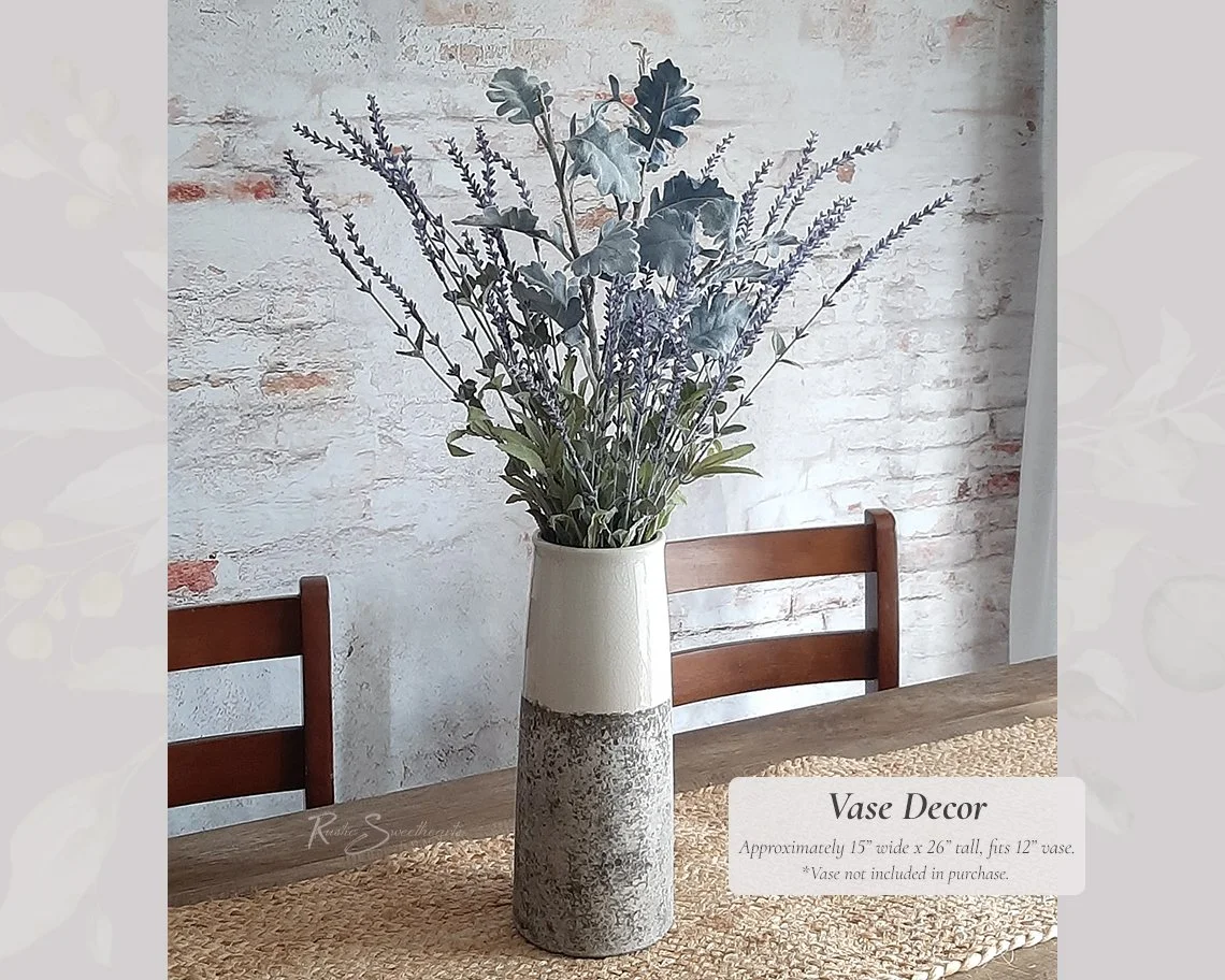 Vase Decor Centerpiece - Faux Lavender, Spiral Eucalyptus, Dusty Miller Arrangements