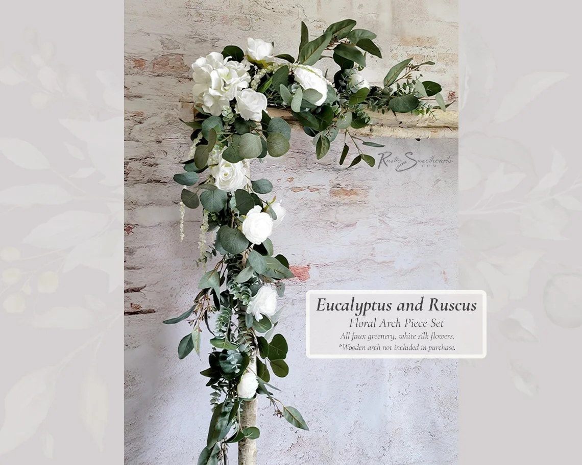 Eucalyptus and Ruscus Wedding Flowers - White Hydrangea and Rose - Arch Arbor Decor Faux Florals Bridal Bridesmaid Bouquet Cascade Groom