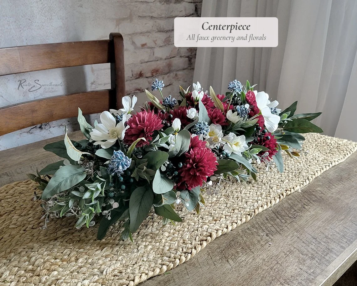 Metal Tray Decor Centerpiece - Faux Greenery Red White and Blue Arrangement - Rustic Galvanized Bowl July 4th Patriotic Farmhouse Home Gift