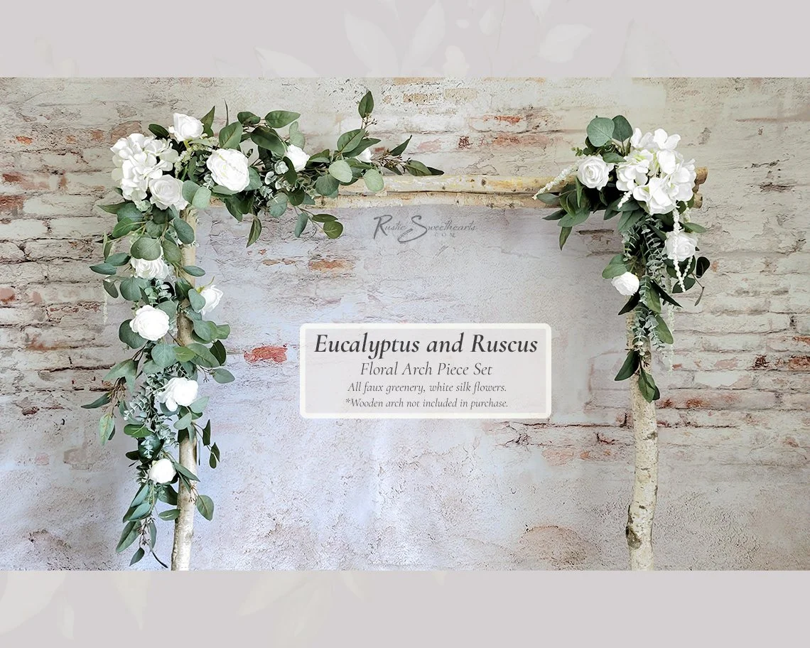 Eucalyptus and Ruscus Wedding Flowers - White Hydrangea and Rose - Arch Arbor Decor Faux Florals Bridal Bridesmaid Bouquet Cascade Groom