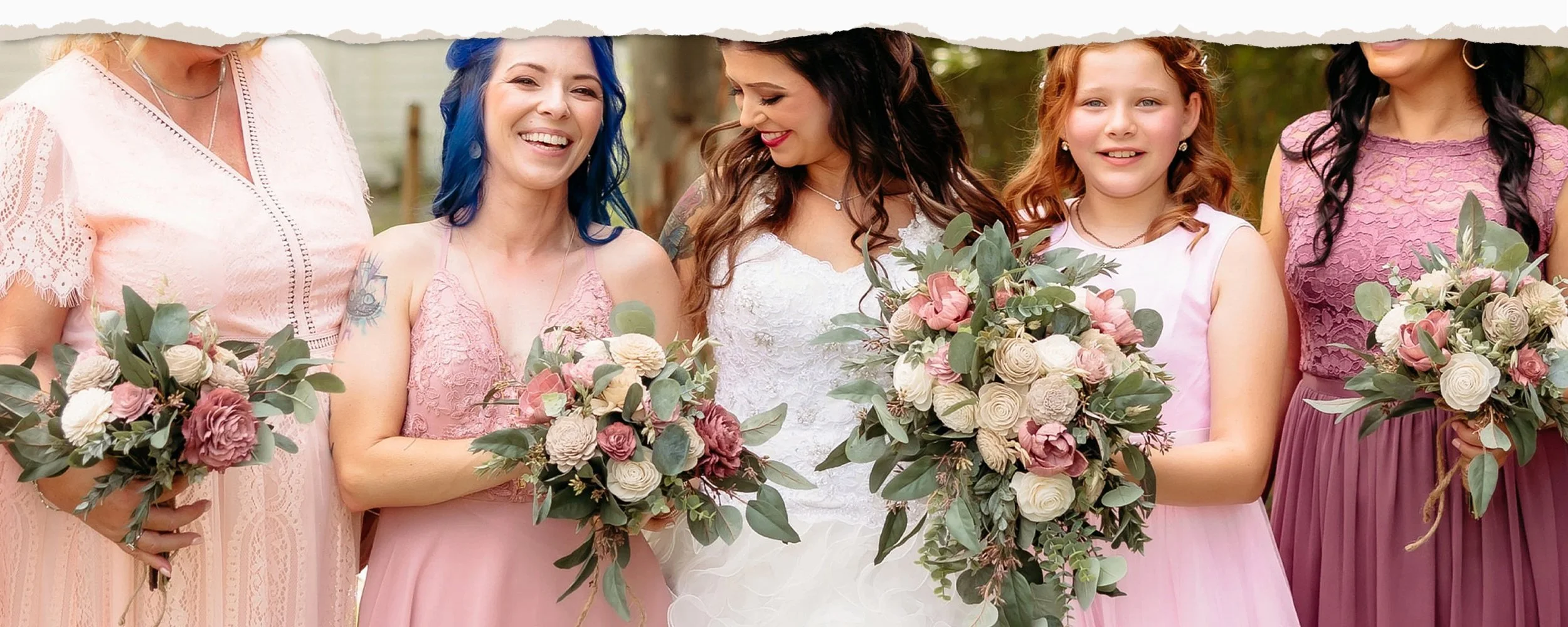 Inspired by eucalyptus, the handmade Eucalyptus and Ruscus collection is a soft mix of artificial spiral eucalyptus, seeded eucalyptus, silver dollar eucalyptus, Italian ruscus, and dried natural seeds, featuring specially softened sola flowers in th