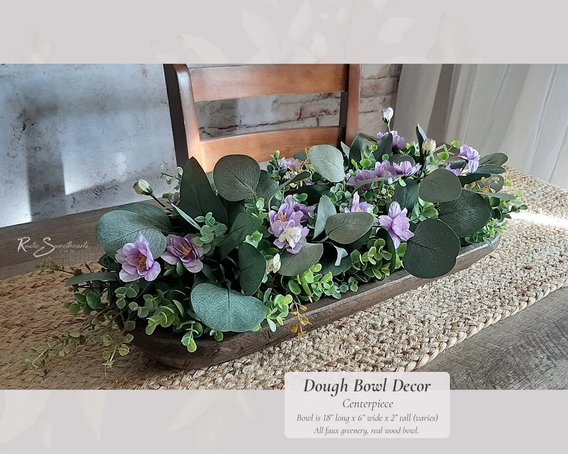 Dough Bowl Decor Centerpiece | Faux Summer Eucalyptus Arrangement with Purple Flowers