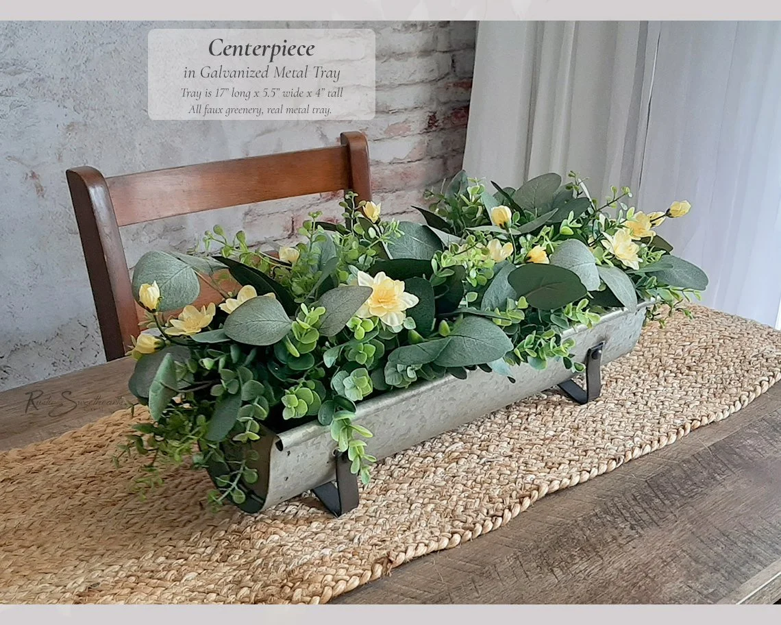 Metal Tray Decor Centerpiece - Faux Summer Eucalyptus Arrangement - Rustic Wood Bowl Yellow Flowers