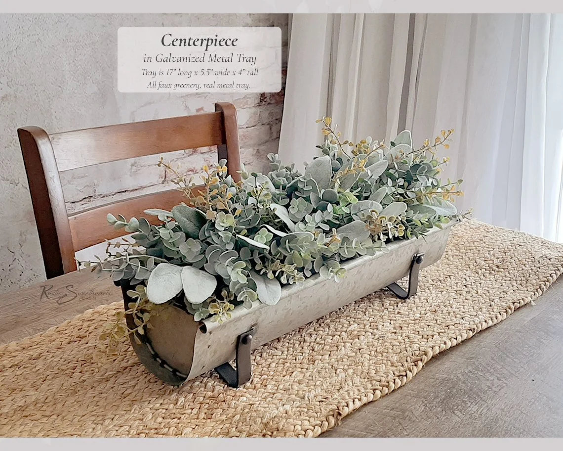 Metal Tray Decor Centerpiece - Faux Lamb's Ear Spiral Eucalyptus Arrangement