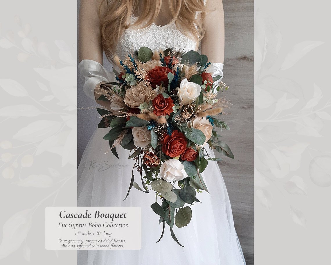 Eucalyptus Boho Wedding Flowers - Champagne Terracotta Silk and Sola Wood Bridal Cascade Bouquet