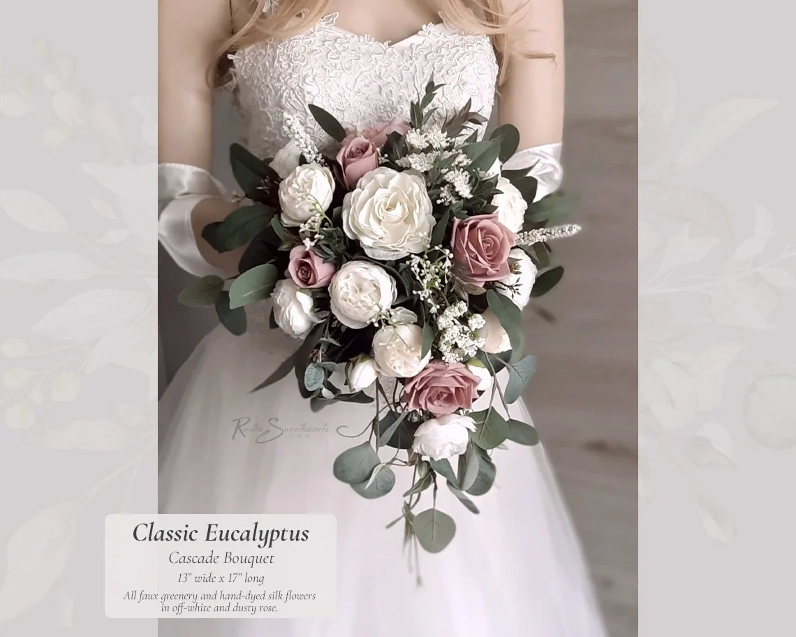Classic Eucalyptus Wedding Flowers - Dusty Rose Bridal Cascade Bouquet