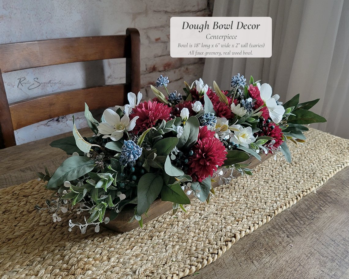 Metal Tray Decor Centerpiece - Faux Greenery Red White and Blue Arrangement - Rustic Galvanized Bowl July 4th Patriotic Farmhouse Home Gift