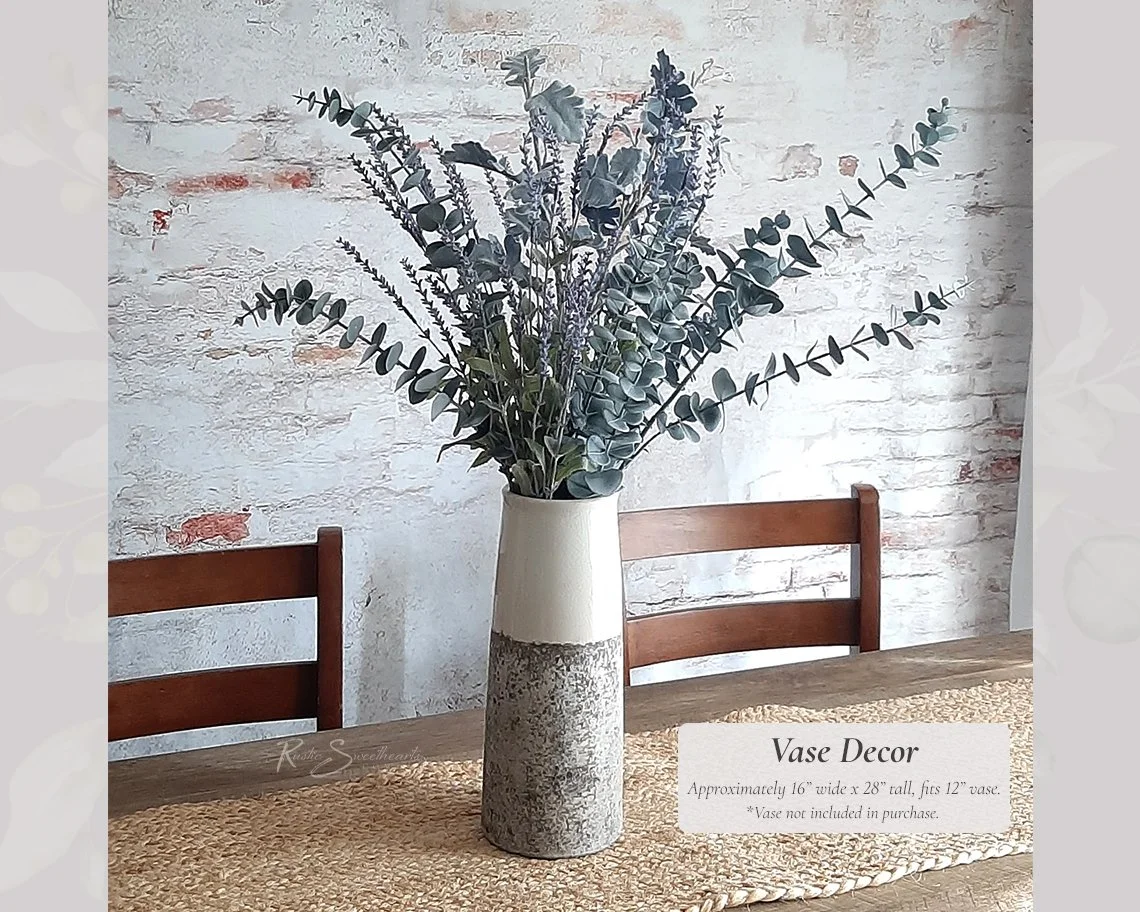 Vase Decor Centerpiece - Faux Lavender, Spiral Eucalyptus, Dusty Miller Arrangements