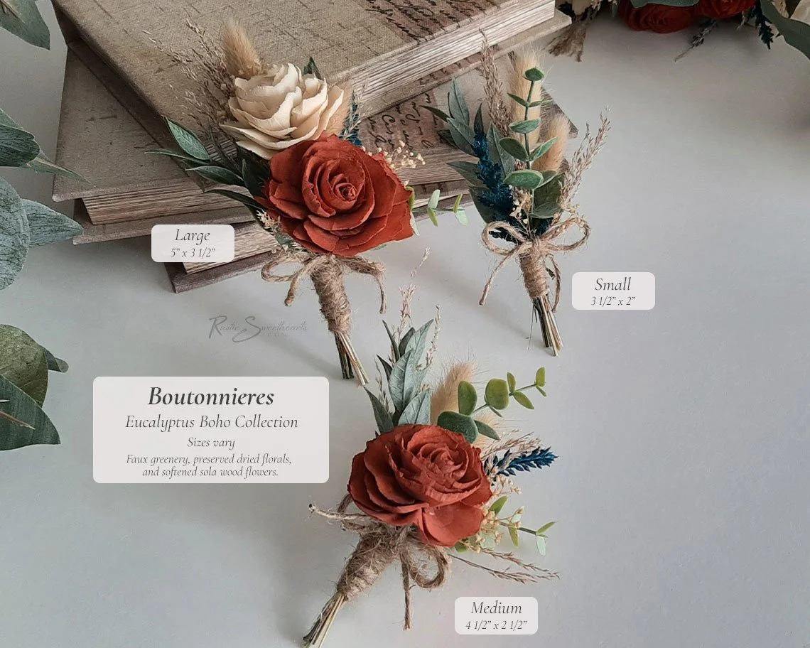 Eucalyptus Boho Wedding Flowers - Champagne Terracotta Silk and Sola Wood Boutonniere