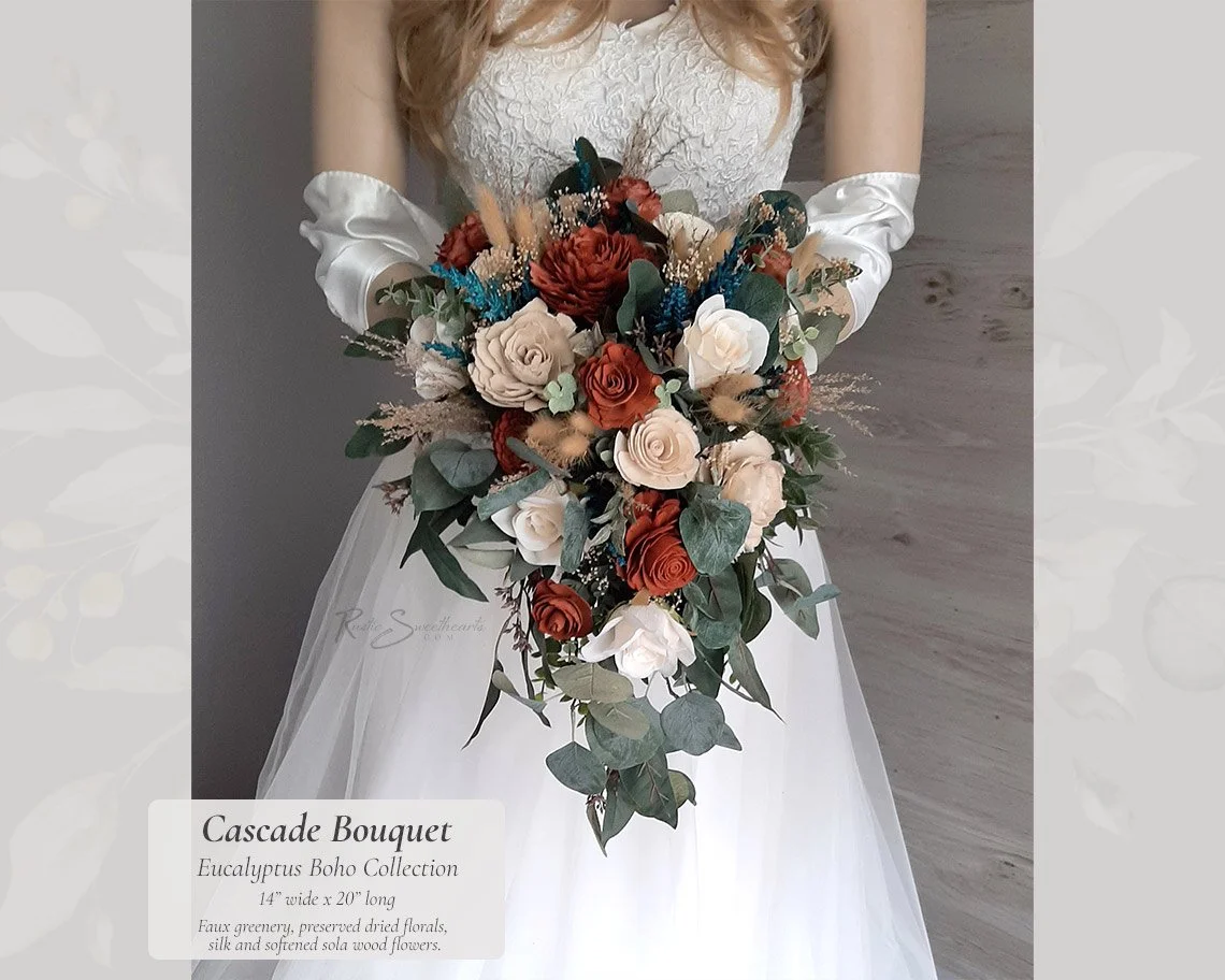 Eucalyptus Boho Wedding Flowers - Champagne Terracotta Silk and Sola Wood Bridal Cascade Bouquet
