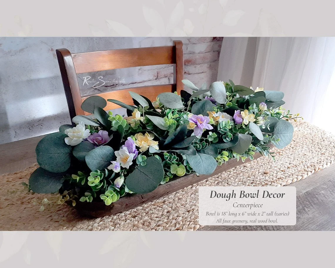 Dough Bowl Decor Centerpiece - Faux Summer Eucalyptus Arrangement with Yellow, Purple, and White Flowers