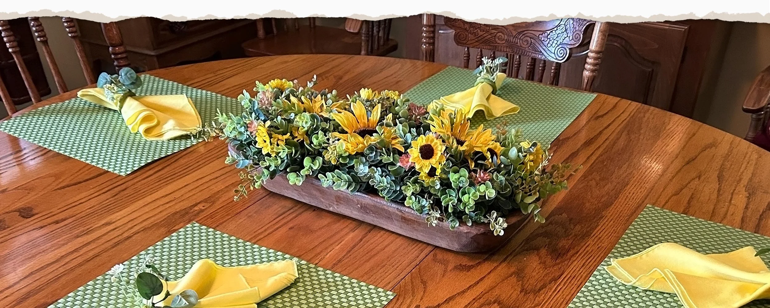 Dough Bowl Decor Centerpiece | Faux Summer Sunflower Arrangement - This dough bowl decor centerpiece is a collection of high quality faux materials hand selected, altered, and arranged into elegant, home-warming farmhouse / cottagecore decor!