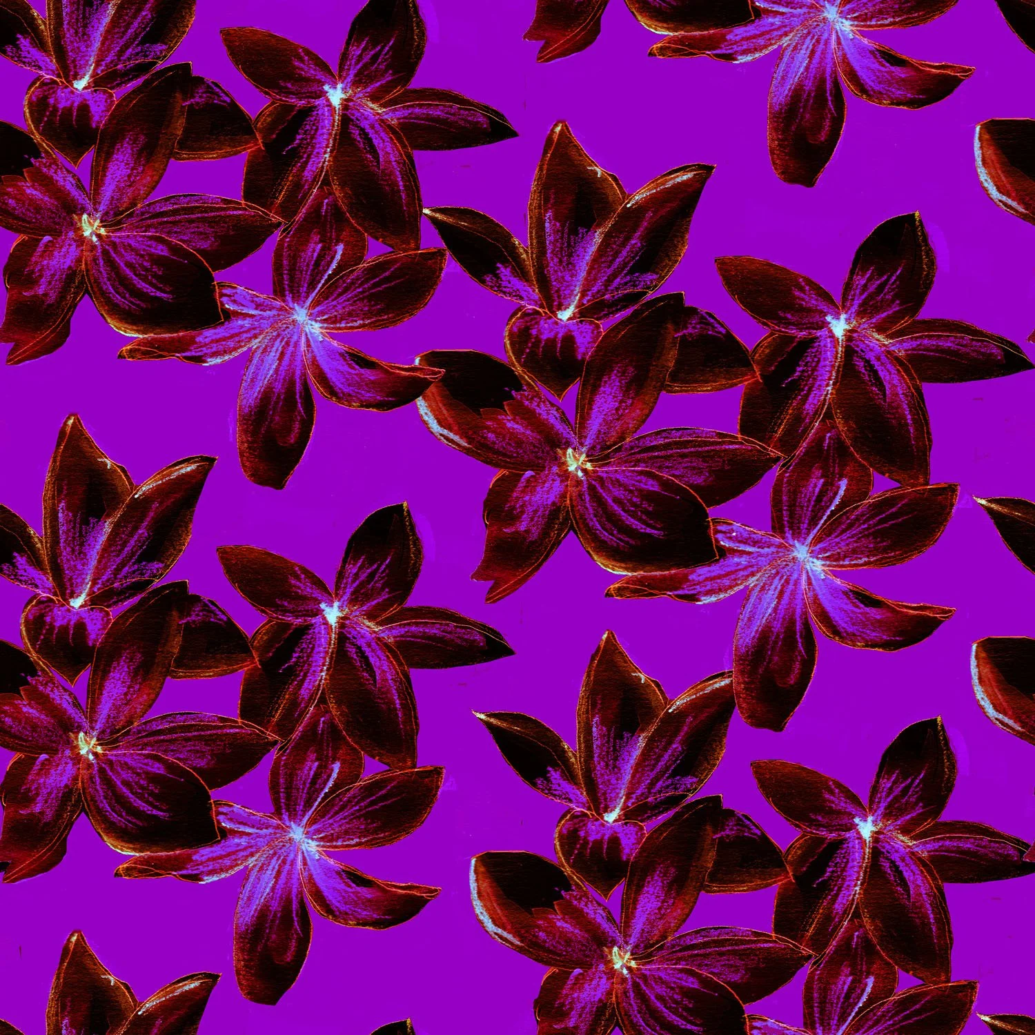 Plumeria flower pattern in deep purple and magenta — original textile design by Kaisa Valtakari