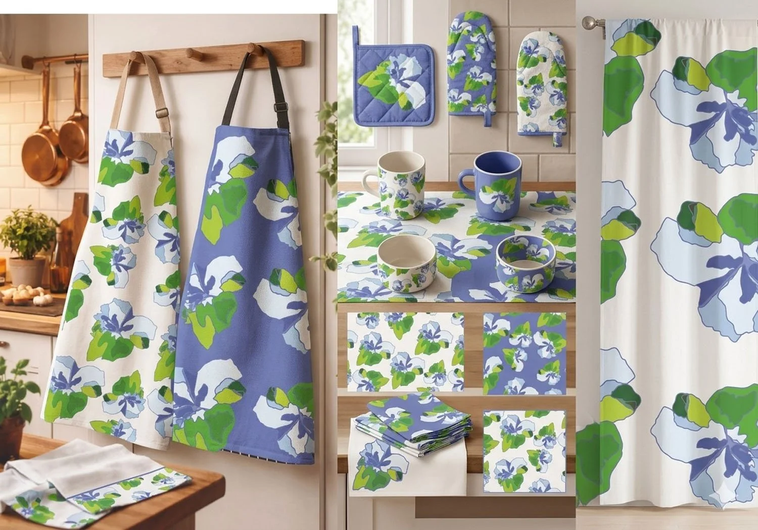 Green Bauhinia pattern kitchen collection — aprons, oven gloves and table textiles by Kaisa Valtakari