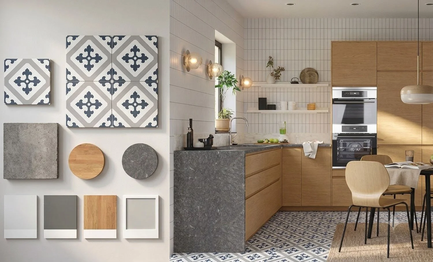 Interior design moodboard with tiles and wood samples — Scandinavian Madeiran kitchen by Kaisa Valtakari
