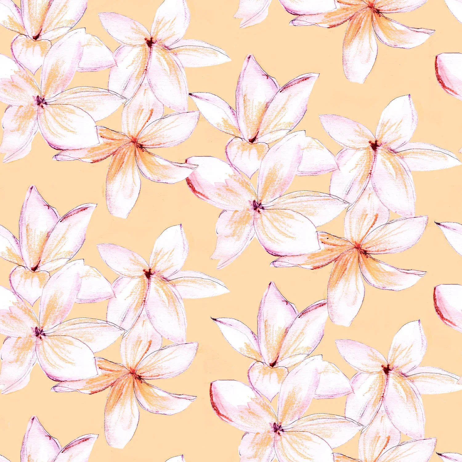 Plumeria flower pattern in soft pastel peach — watercolour textile design by Kaisa Valtakari