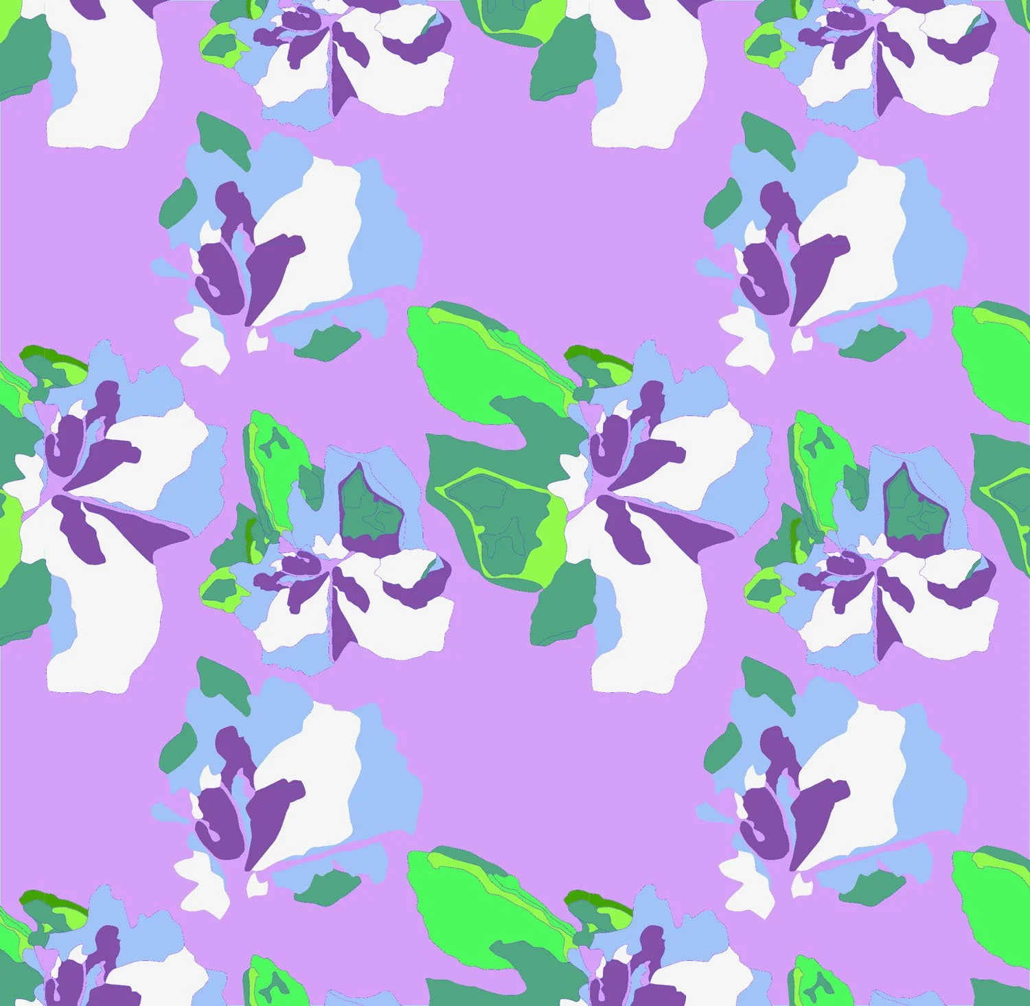 Bauhinia flower pattern in white and purple on pink background — original textile design by Kaisa Valtakar