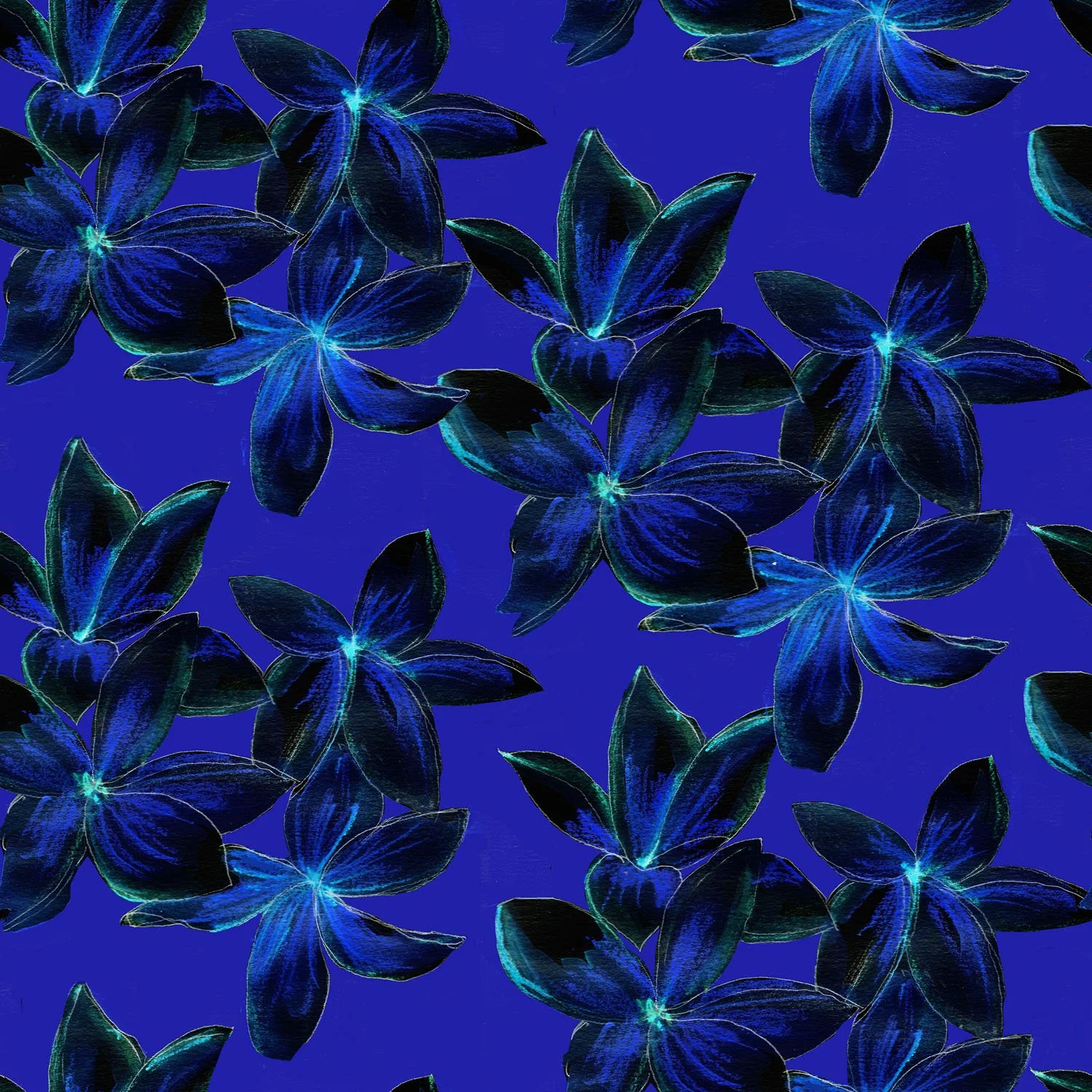 Plumeria flower pattern in vivid blue — original textile design by Kaisa Valtakari