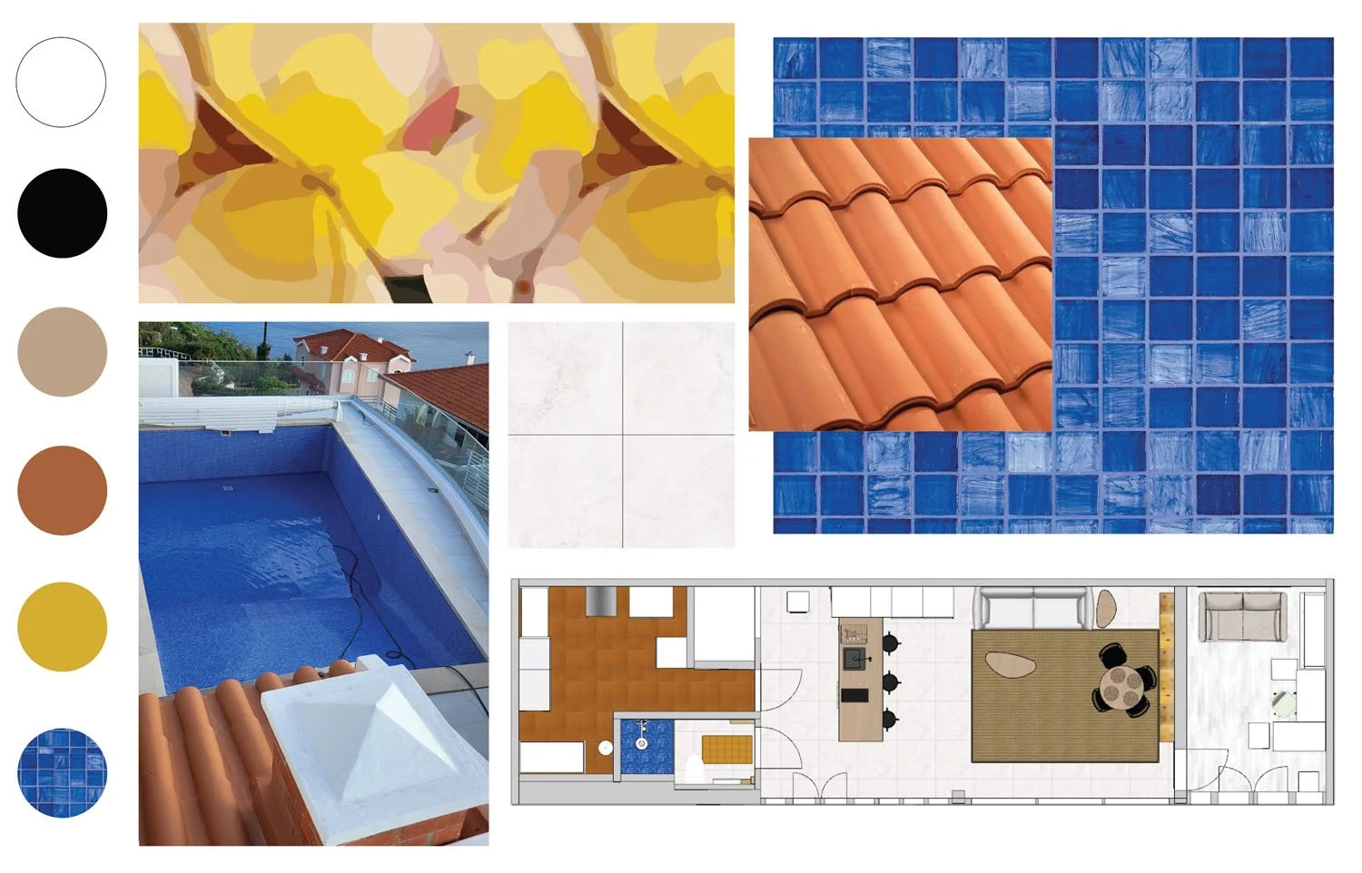 Moodboard for pool room renovation: materials, colours and furniture selections by Kaisa Valtakari
