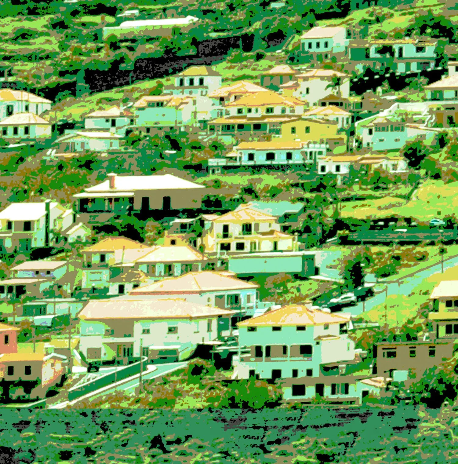 Machico allover print created from a photo of hillside houses in Machico, Madeira — original textile design by Kaisa Valtakari