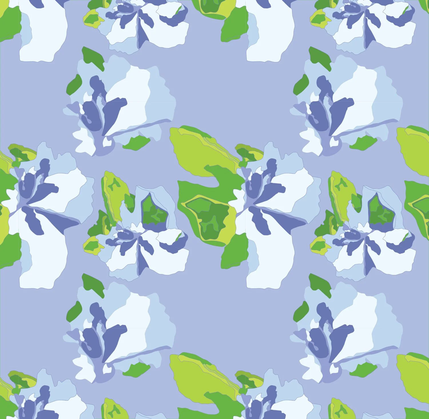 Bauhinia flower pattern in white and green on soft blue background — original textile design by Kaisa Valtakari