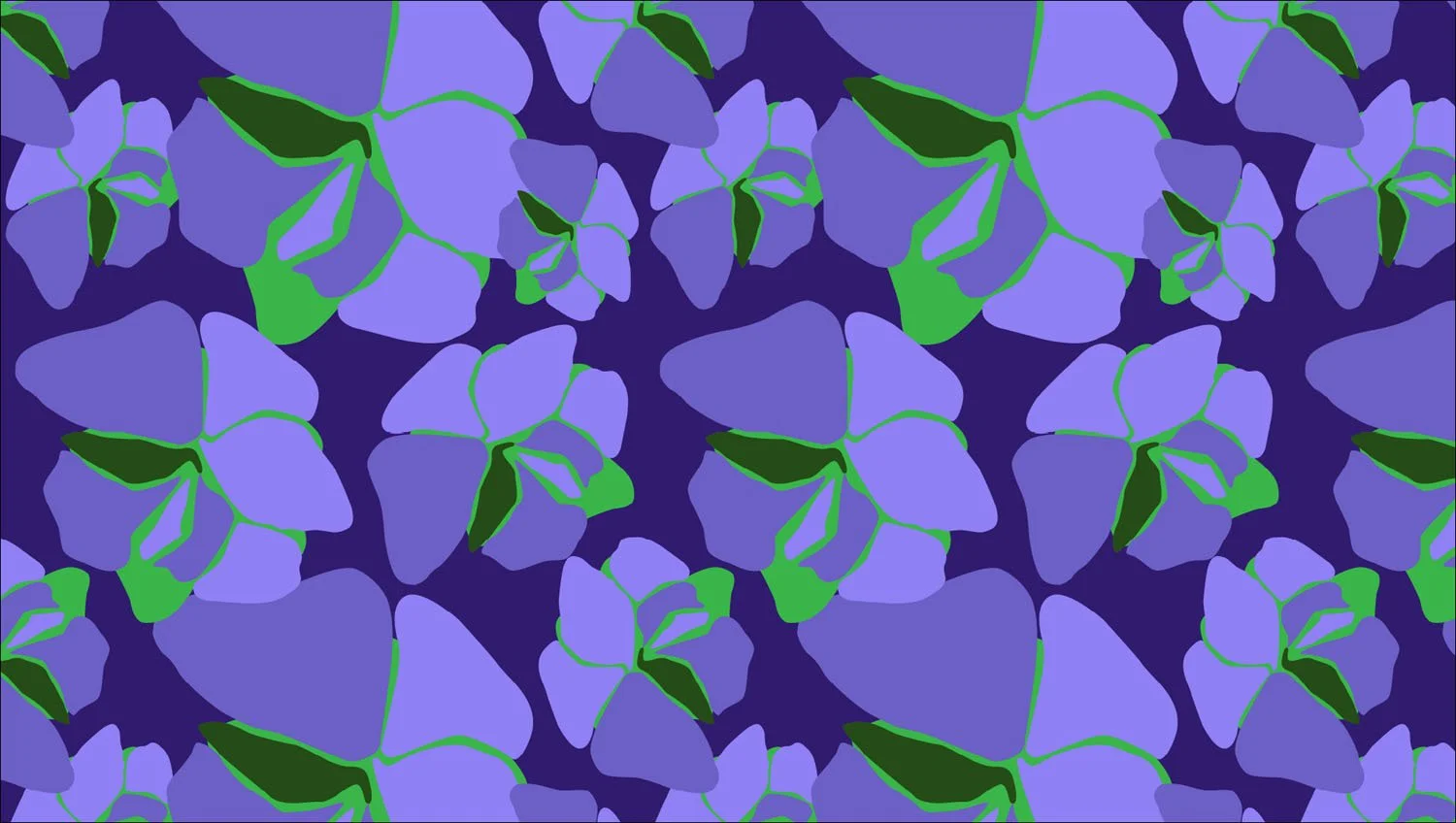 Pansy allover print pattern repeat in purple and green — original surface design by Kaisa Valtakari