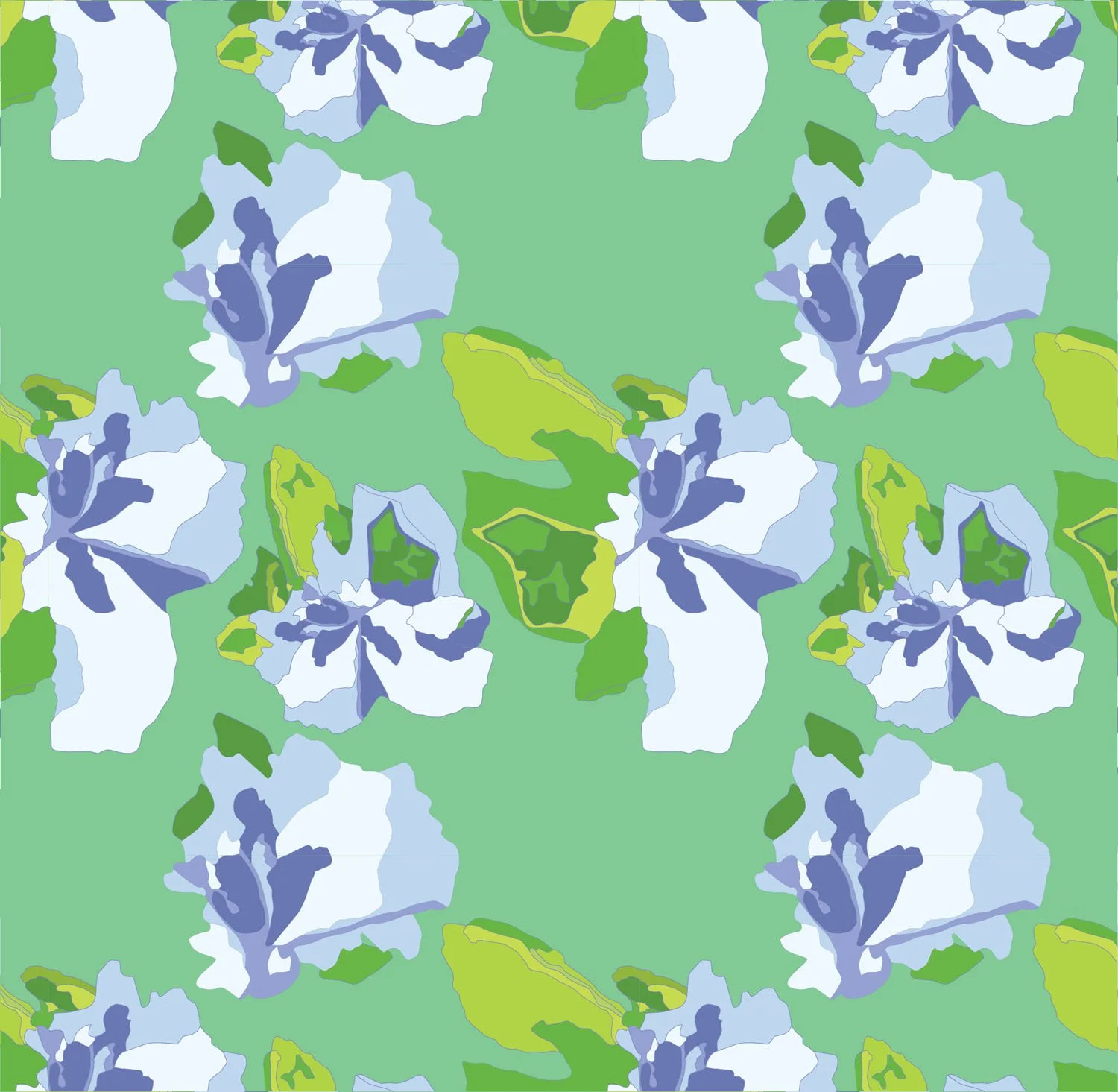 Bauhinia flower pattern in white and blue on green background — original textile design by Kaisa Valtakar