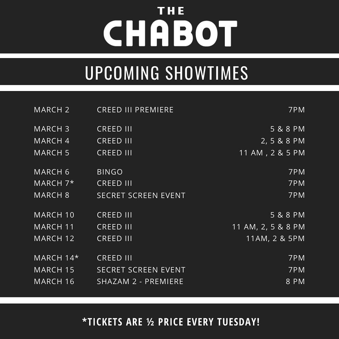MARCH AT THE CHABOT 🎬

Check out all the fun events and movies we&rsquo;ve got going on the rest of the month. Mark your calendars!
