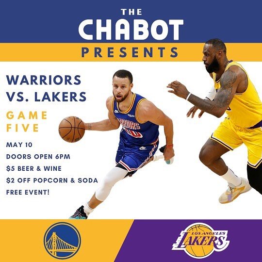 We&rsquo;re putting the big game on the big screen! Join us this Wednesday night for a free watch party at the Chabot 🏀 $5 beer + wine plus $2 popcorn! Doors at 6PM / Game at 7PM. Text your friends + family to come along! Better start your bets now.