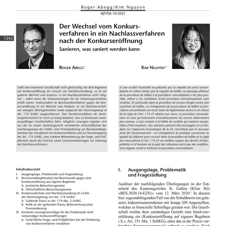 Neuer Artikel "Der Wechsel vom Konkursverfahren in ein Nachlassverfahren nach der Konkurseröffnung" in Aktuelle Juristische Praxis (AJP/PJA)