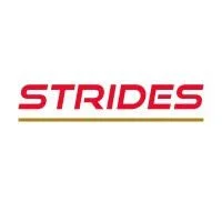 The logo of Strides with red text and a horizontal gold line underneath