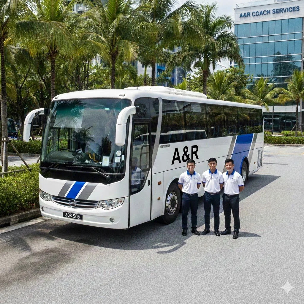 A white tour bus with blue and black design, labeled 'A&R', parked on a street in front of a building with glass windows and palm trees. Three men in white shirts and dark pants stand in front of the bus.