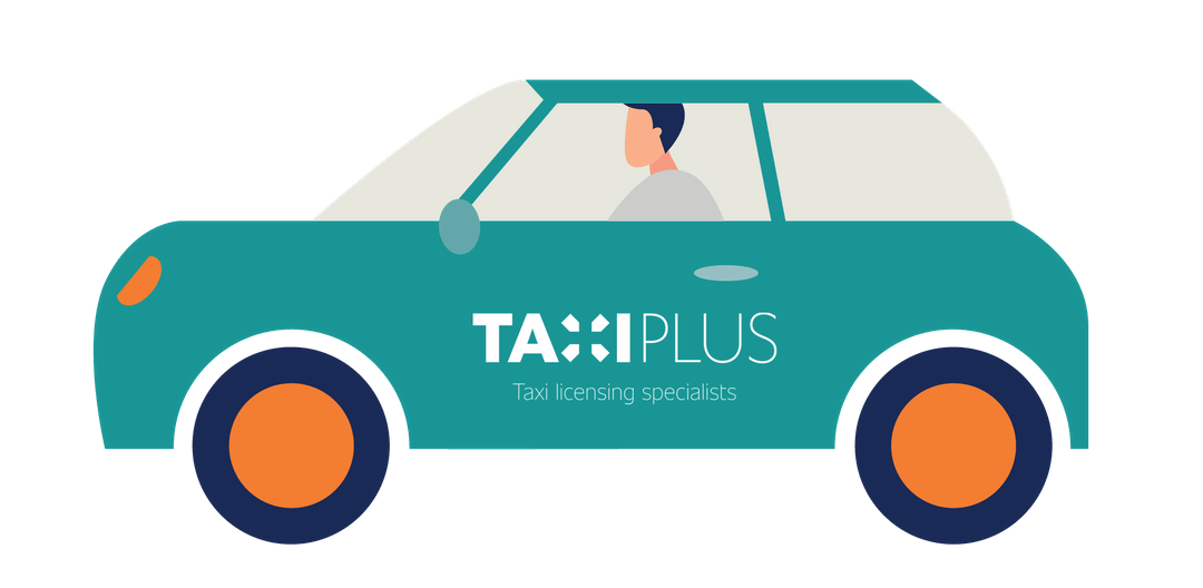 Illustration of a teal car with the logo and text "TAXI PLUS - Taxi licensing specialists" on the side, featuring a driver inside.