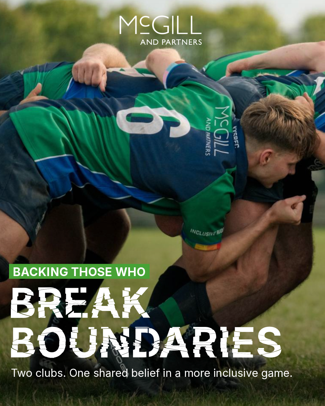 Rugby players engaged in a scrum on the field wearing green, blue, and black uniforms, with one player prominently displaying the McGill logo.