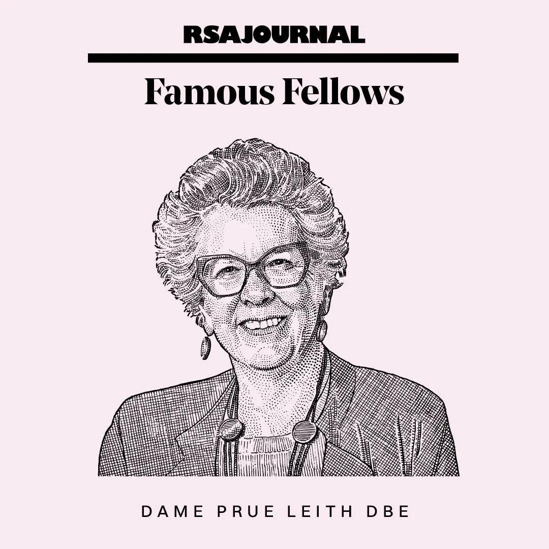 Illustration of Dame Prue Leith on the cover of RSA Journal, titled 'Famous Fellows'.