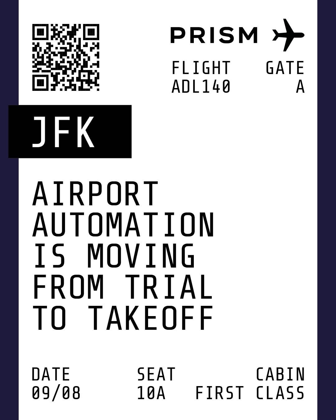 A boarding pass for a flight from JFK Airport to Prism. The flight number is ADL140, seat 10A in first class, departing on 09/08 from Gate A. The pass contains a QR code and a message indicating that the airport automation system is moving from trial