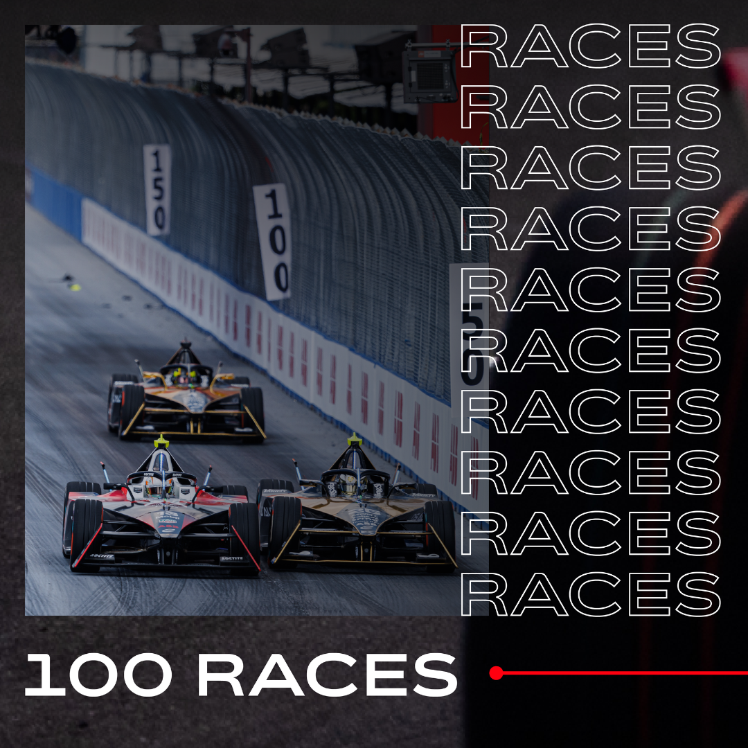 Three race cars on a track with a barrier wall displaying race count markings, overlaid with the word 'RACES' repeatedly.