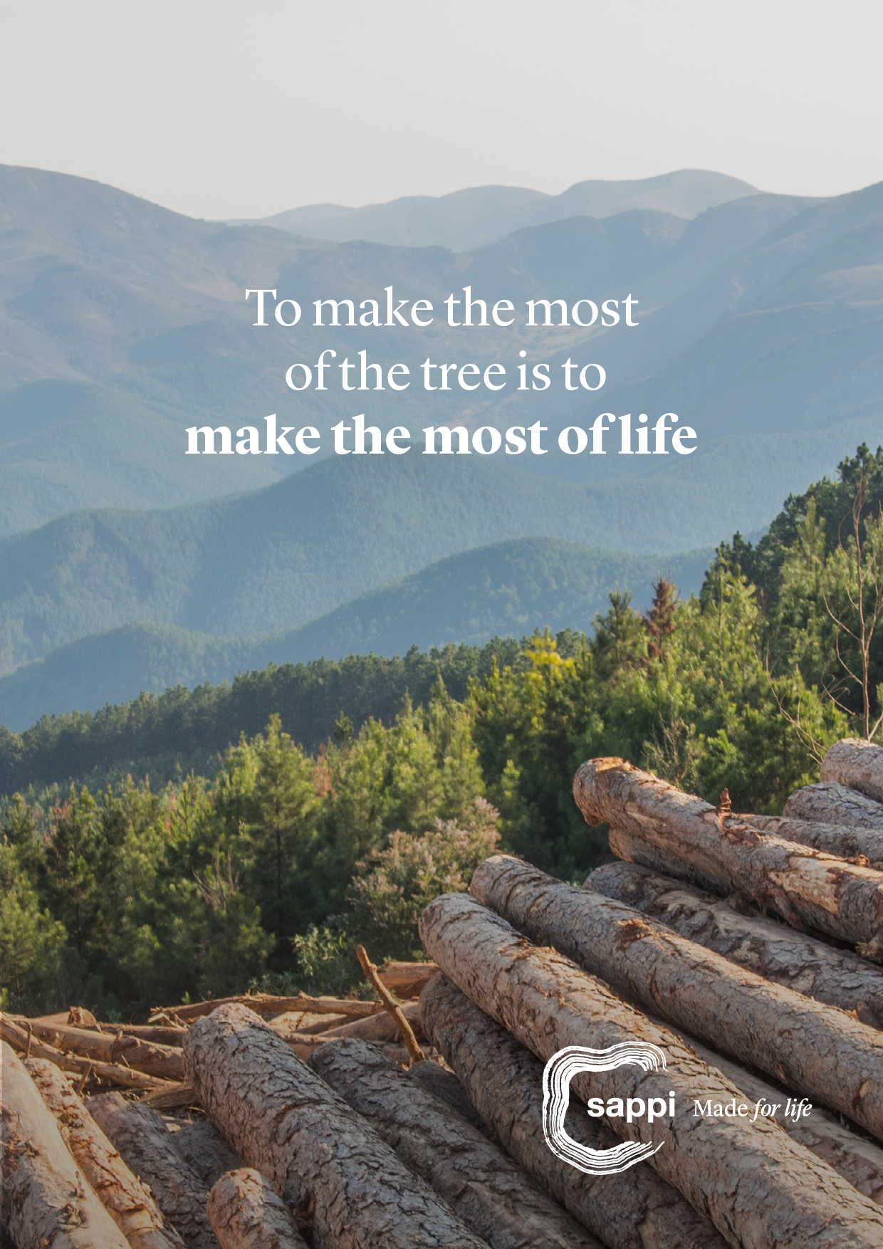 A scenic landscape of rolling green mountain hills under a pale sky, with a pile of cut logs in the foreground and a quote overlaid that reads, 'To make the most of the tree is to make the most of life.'