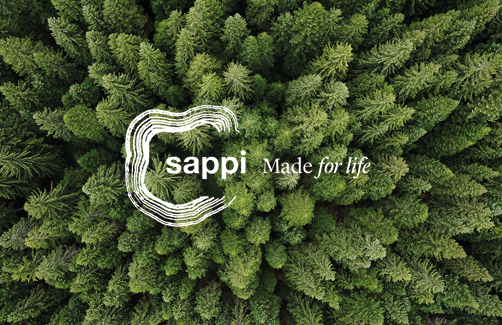 Aerial view of a dense green pine forest with 'Sappi Made for life' logo overlaid.