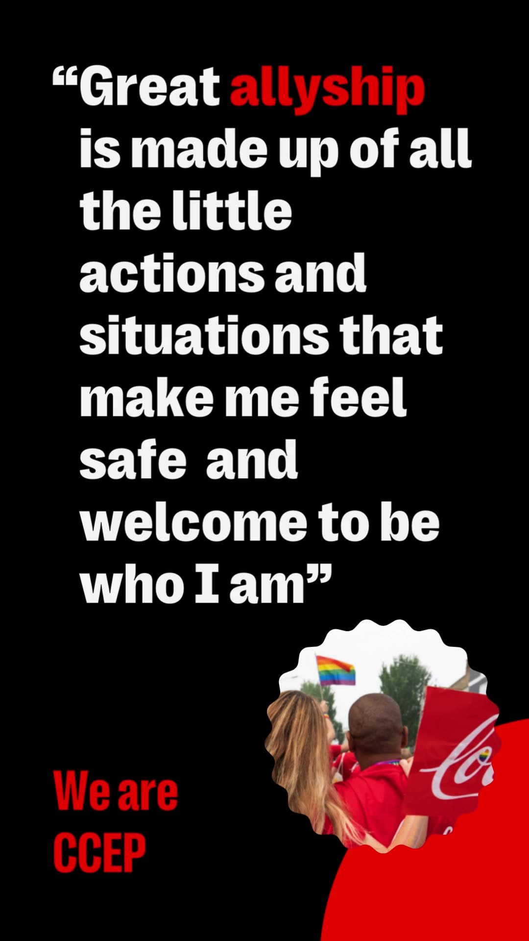 Quote about allyship and feeling safe, with a partial image of people holding rainbow flags at a pride event.