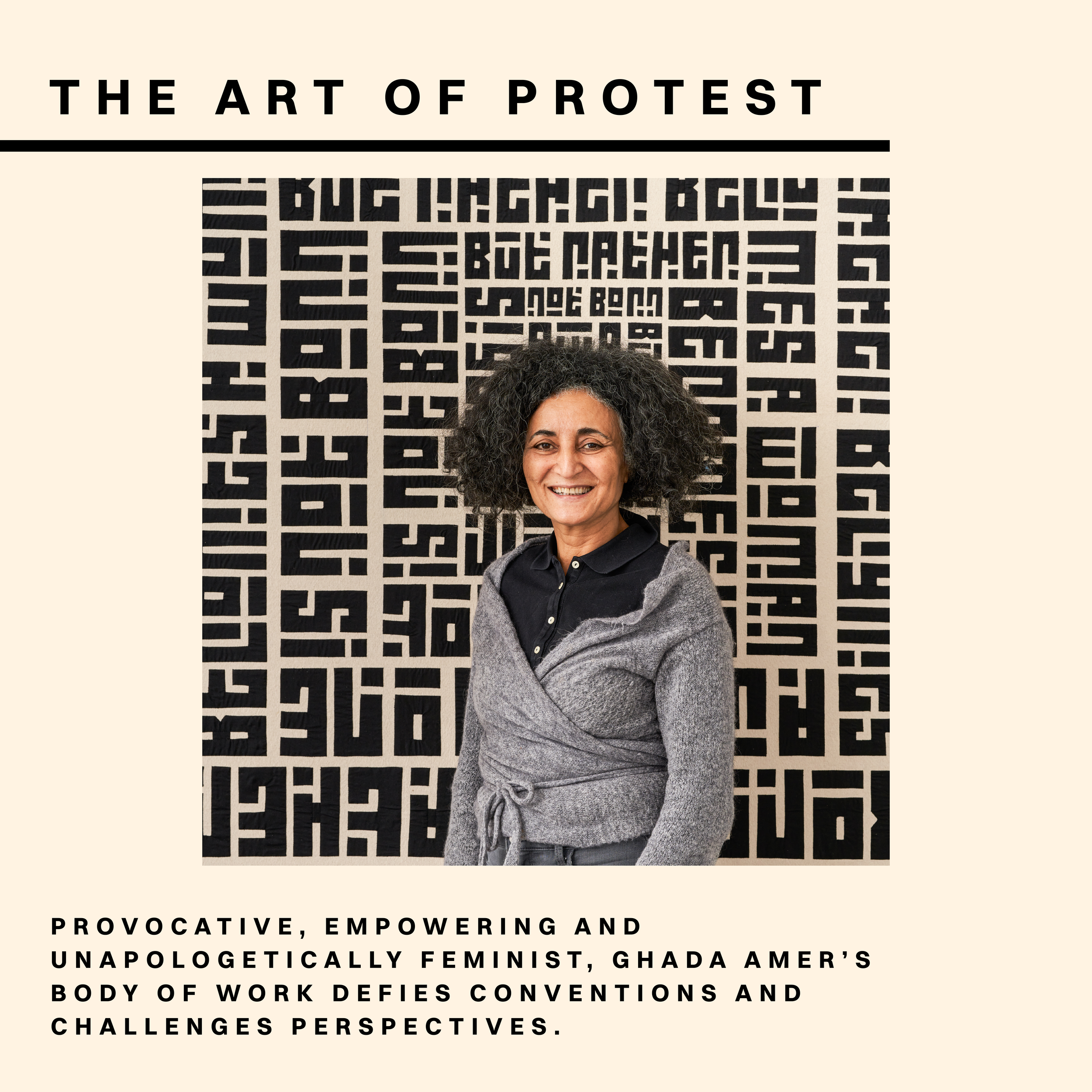 Poster titled 'The Art of Protest' featuring a person with curly hair, wearing a dark top and gray sweater, standing in front of a black and white patterned background with text about protest. The poster includes a block of text about provocative, em