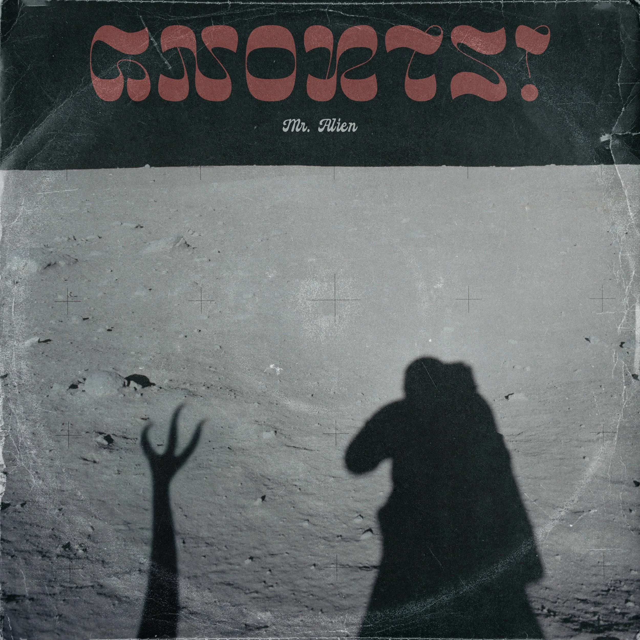 Shadows of a person with a backpack and a creature with a three-fingered hand on a sandy surface, with a sign or banner above them reading 'Goodbye! Mr. Alien'.