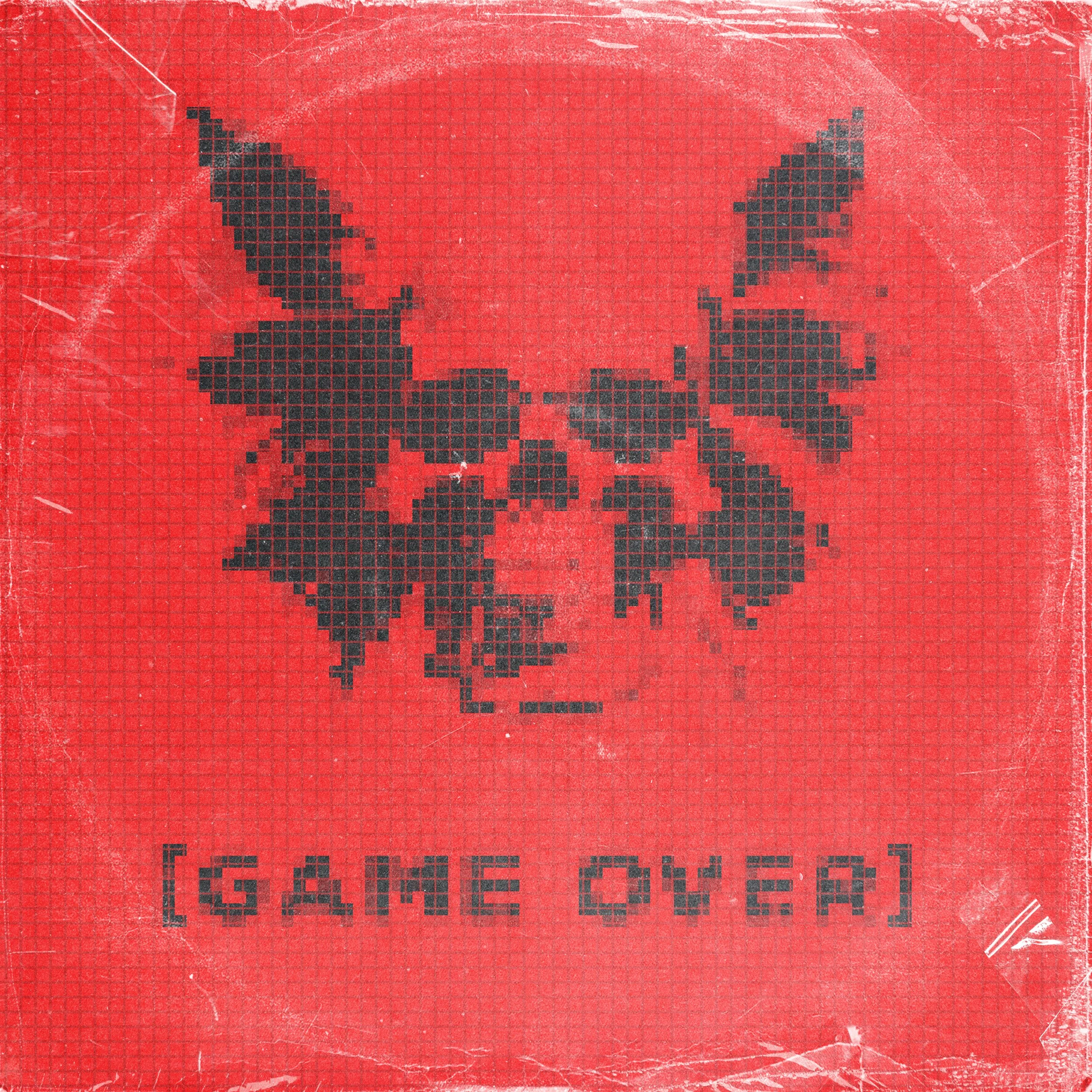 A red, pixelated poster with a black graphic of a skull with flowers and butterfly wings, and the words '[GAME OVER]' at the bottom.