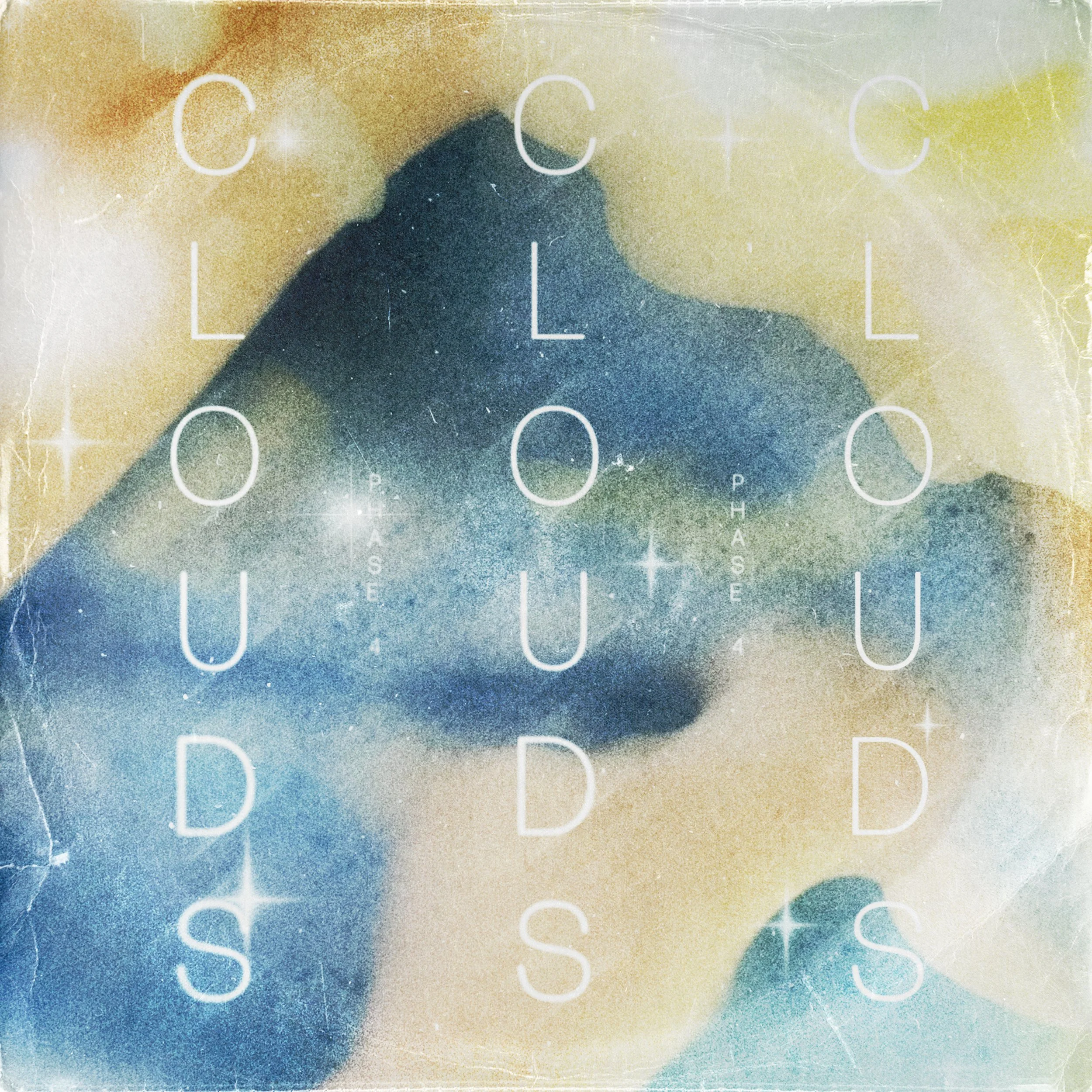An abstract image of mountains with stars, featuring overlaid text that says 'CLOUDS' and 'POISE' with the word 'PHASE' written vertically in small letters.