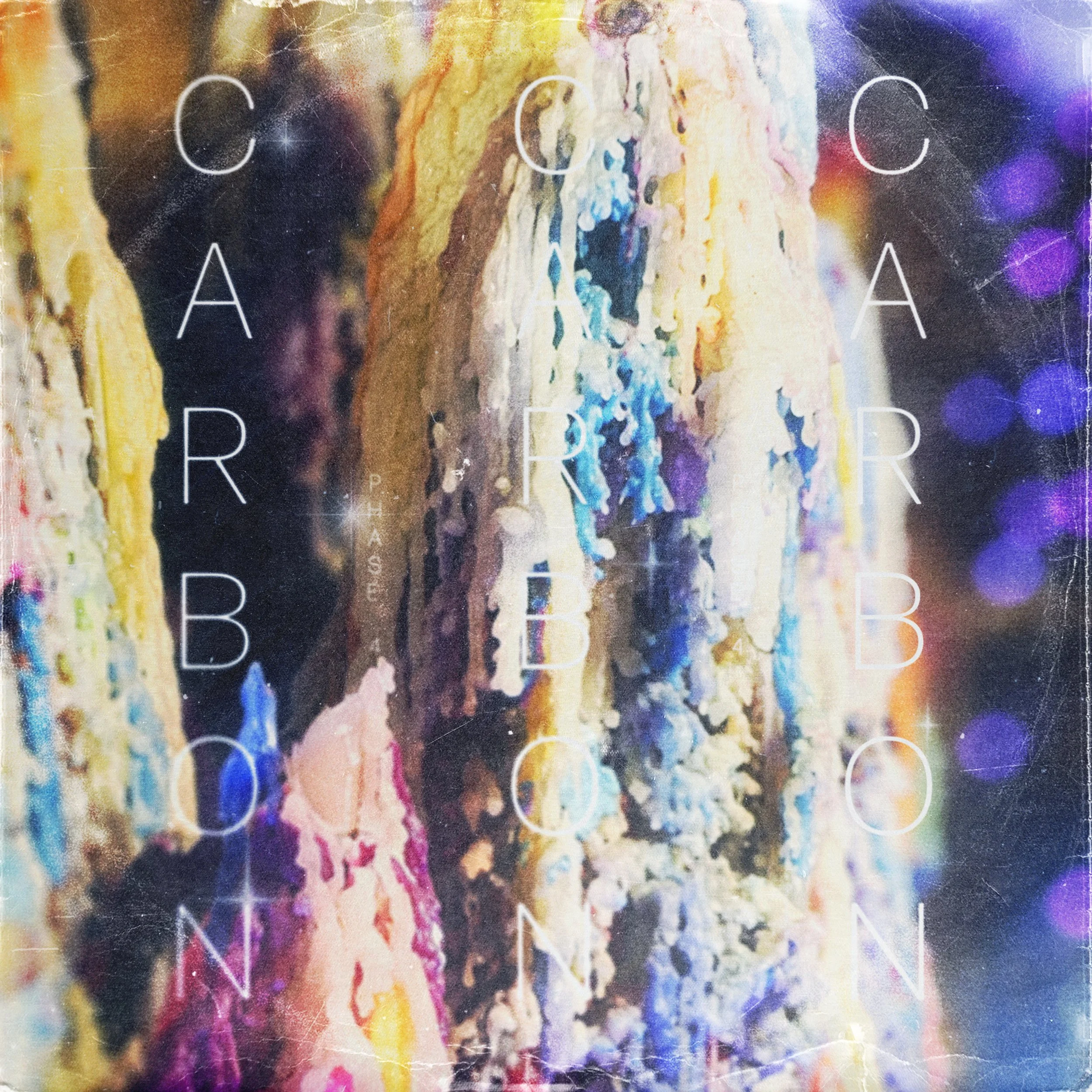 Close-up of a colorful, textured abstract painting with the word 'ARBOR' overlaid in white letters, featuring bright shades of yellow, orange, blue, purple, and black.