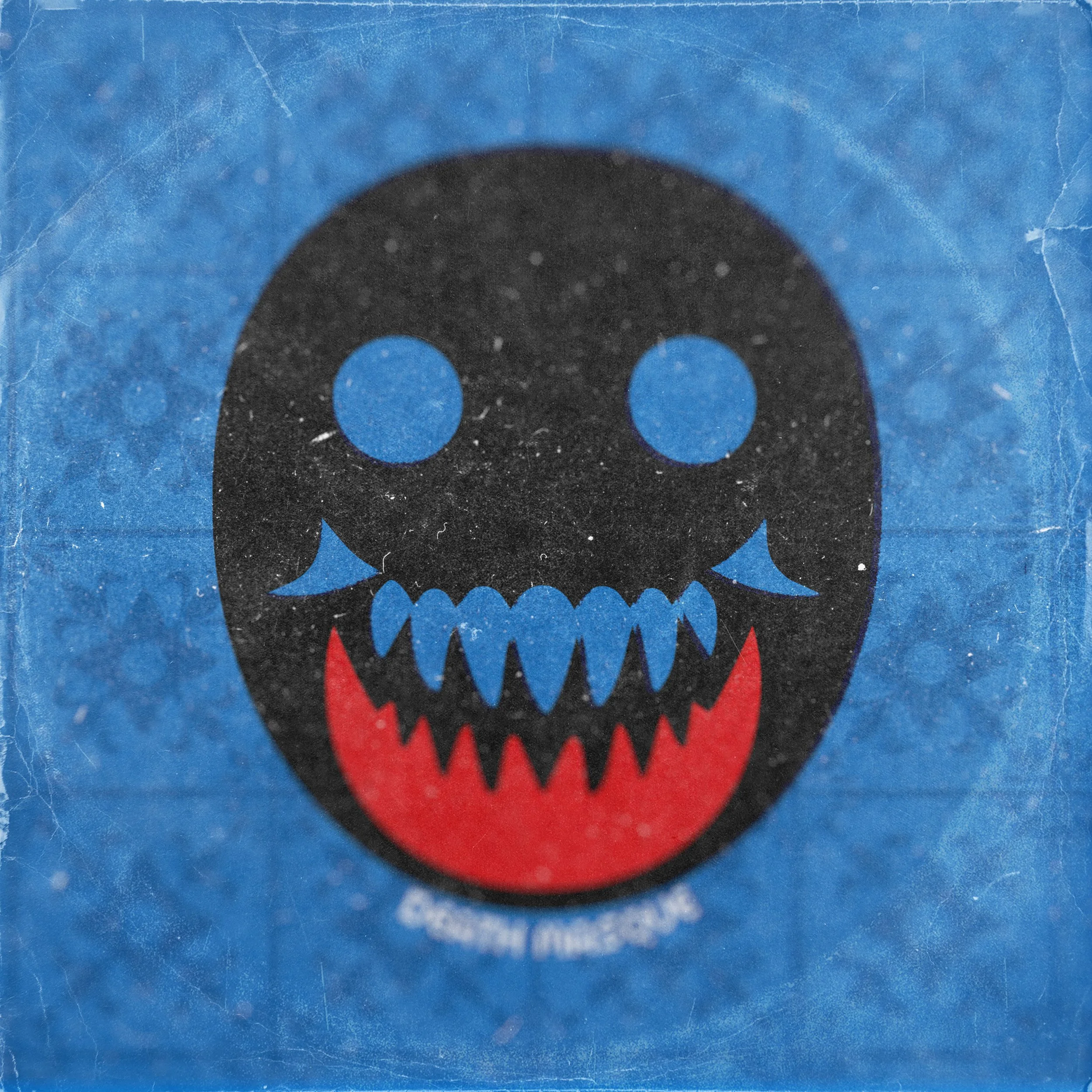 A sticker with a stylized skull in black, blue, and red colors on a blue background.