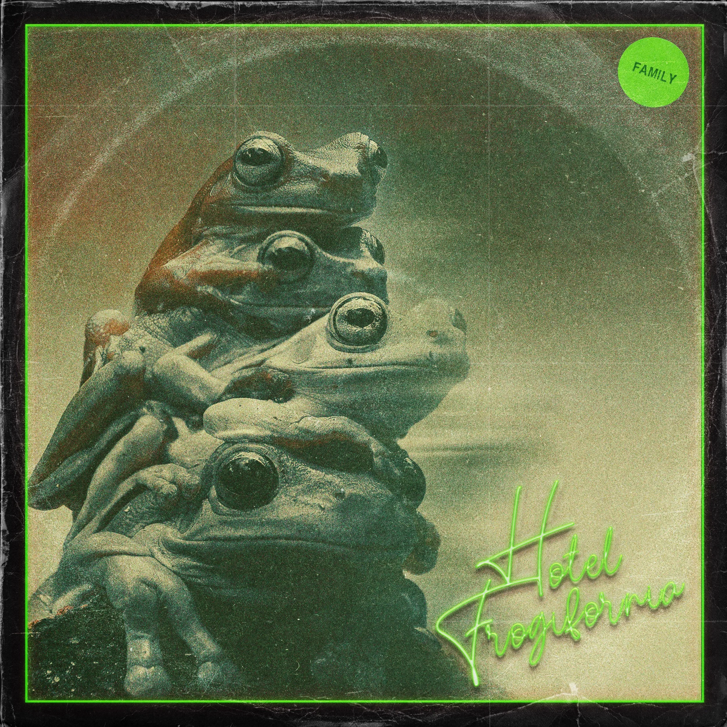 A group of frogs stacked on top of each other with a neon green text that says "Hotel Frogiforma" in the bottom right corner and a green circle with the word "Family" in the top right corner.