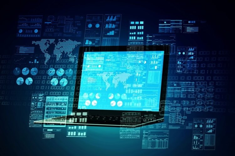 Laptop surrounded by data icons